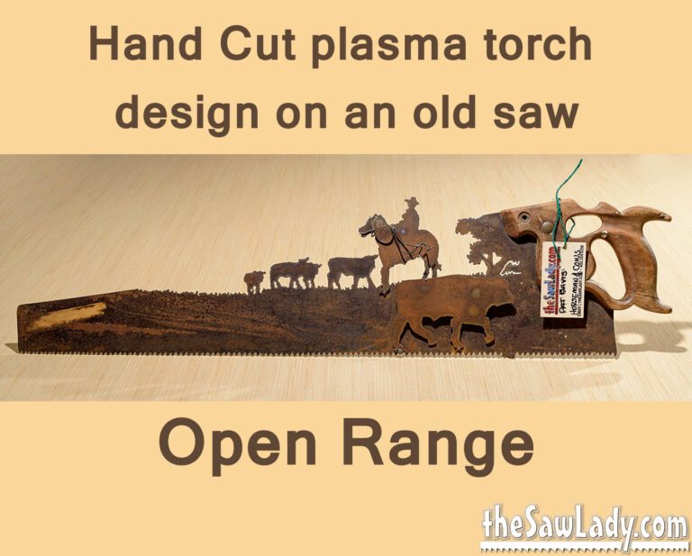 Cowboy with Horse & Cows Open Range-Hand Cut Plasma Metal Art Hand Saw- Rustic Wall Decor, Recycled Art Repurposed- Made To Order Metal Art Ranching Cattle Plasma Cut Saw