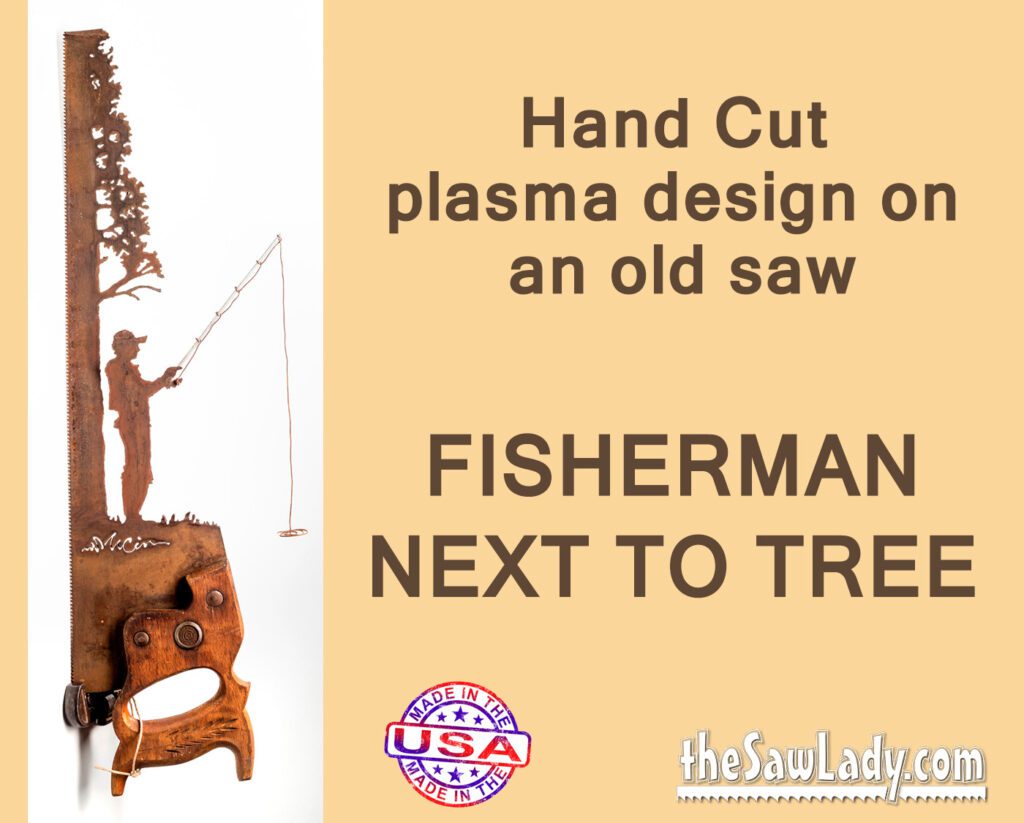 Woman Fishing Next to a Tree- Hand Cut Plasma Metal Art Hand Saw- Rustic Wall Decor, Recycled Art Repurposed- Made To Order