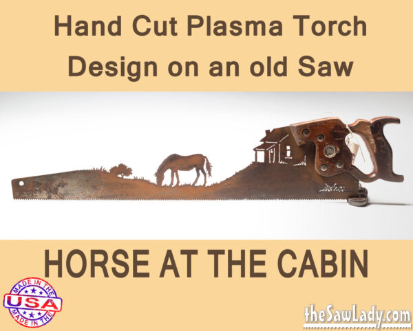 Metal Art Horse Grazing at Cabin Saw