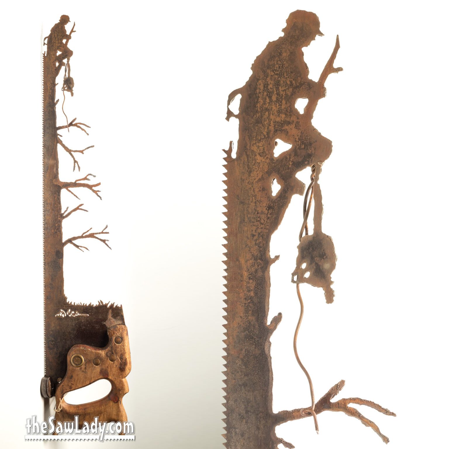 Lumberjack on Top of a Tree Hand Cut Plasma Metal Art Hand Saw Rustic