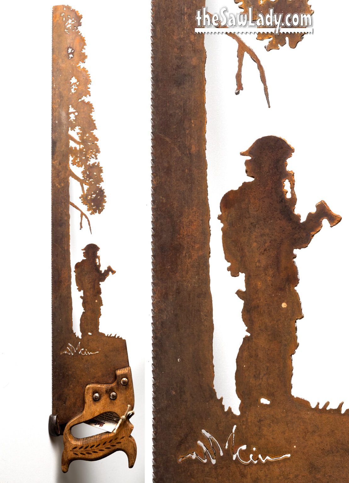 Fireman Standing Next to a Tree Hand Cut Plasma Metal Art