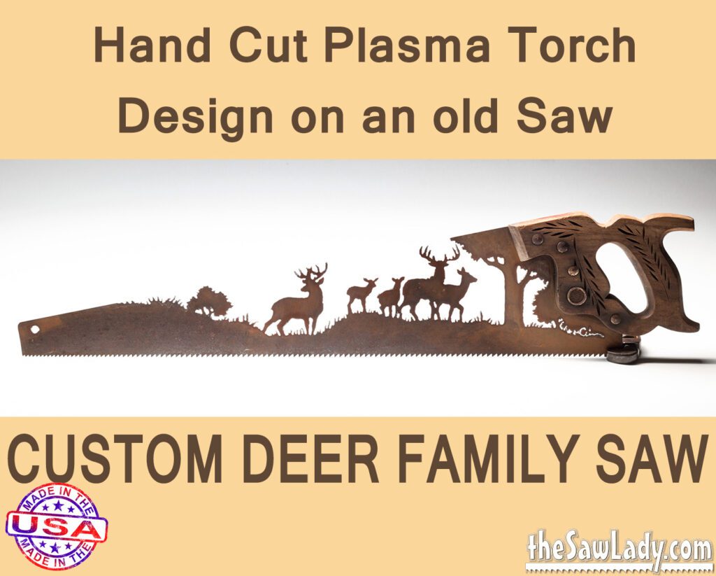 Custom Deer Family- Hand Cut Plasma Metal Art Hand Saw- Rustic Wall Decor, Recycled Art Repurposed- Made To Order