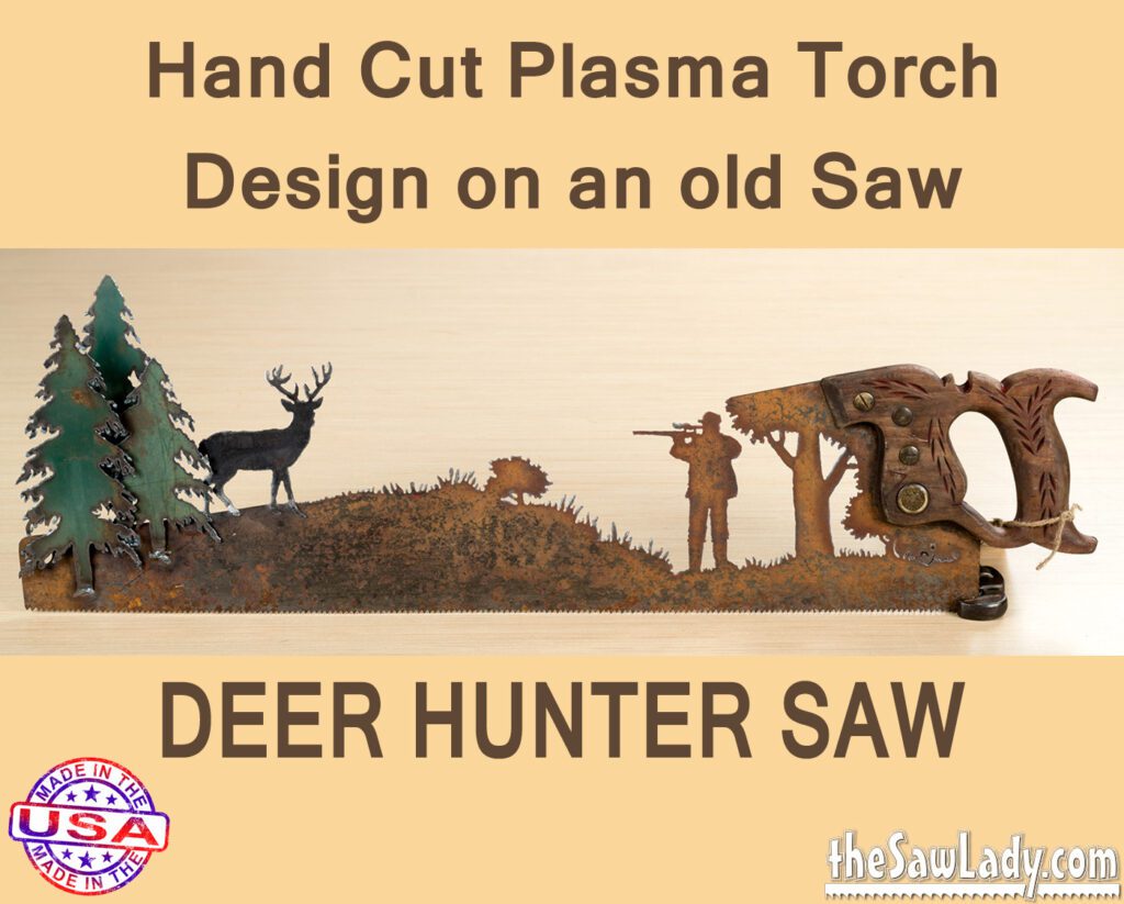 Deer Hunter – Hand Cut Plasma Metal Art Hand Saw- Rustic Wall Decor, Recycled Art Repurposed
