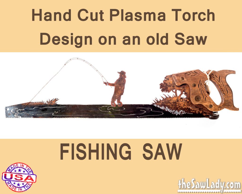 Fisherman in the Water- Hand Cut Plasma Metal Art Hand Saw- Rustic Wall Decor, Recycled Art Repurposed- Made To Order