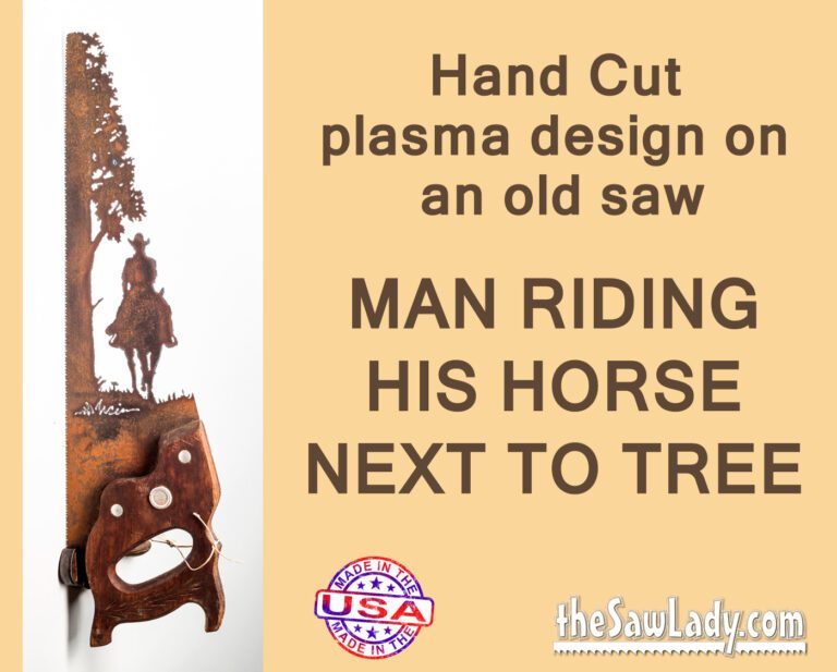 Cowboy Riding His Horse Next to a Tree- Hand Cut Plasma Metal Art Hand Saw- Rustic Wall Decor, Recycled Art Repurposed- Made To Order Metal Art Cowboy Riding Horse Saw Gift