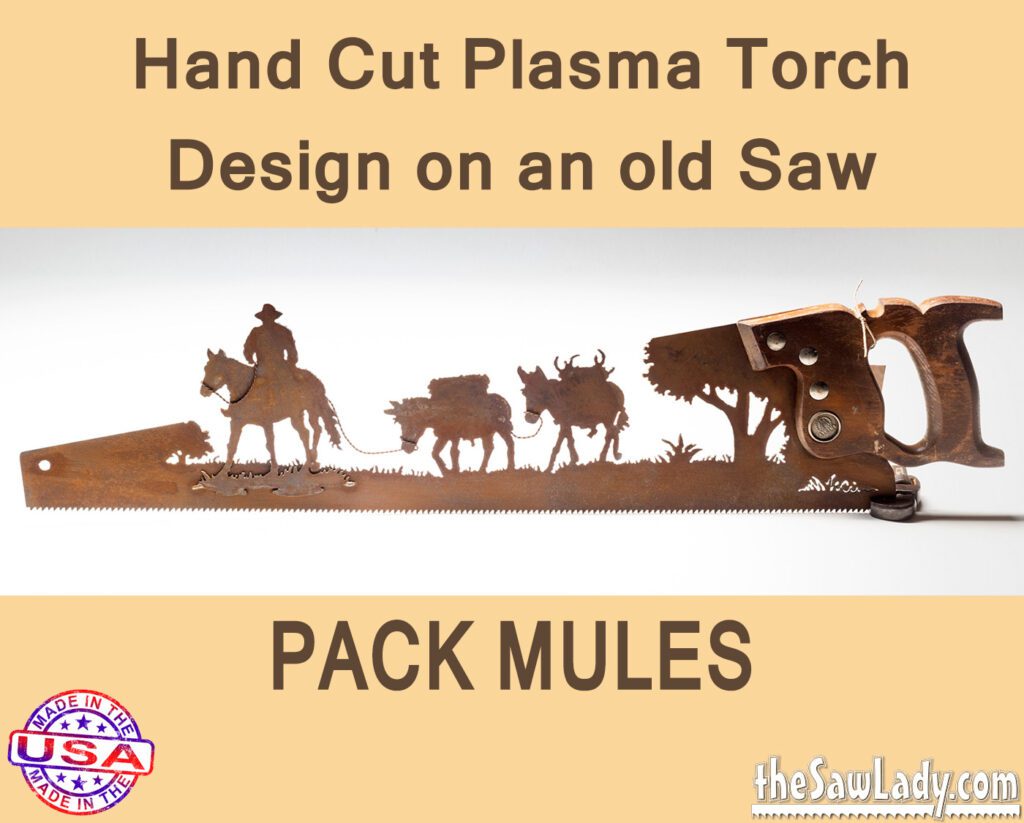 Pack Mules – Hand Cut Plasma Metal Art Hand Saw- Rustic Wall Decor, Recycled Art Repurposed- Made To Order