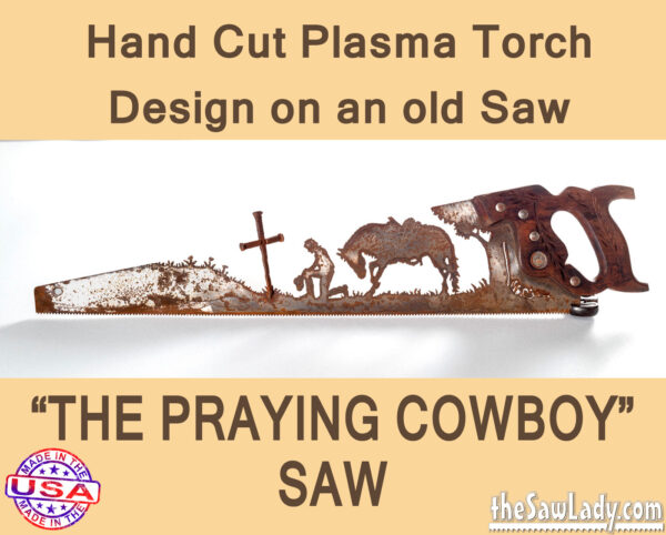 Metal art praying cowboy saw