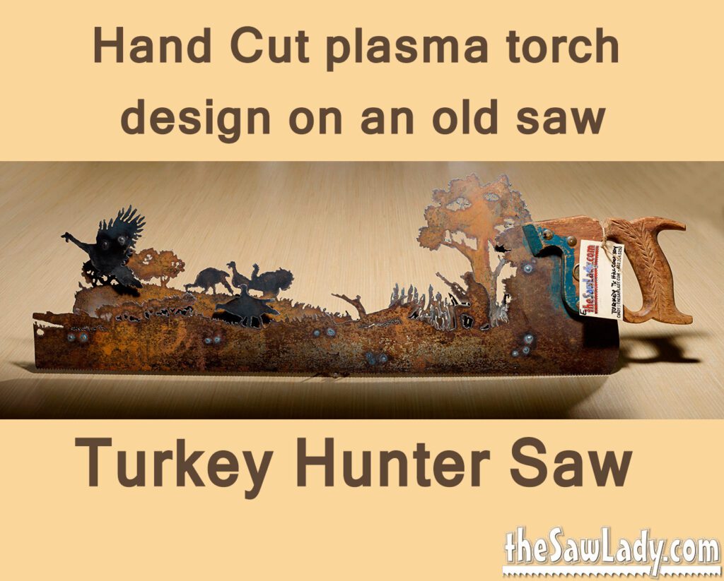 Turkey Hunter with Dog- Hand Cut Plasma Metal Art Hand Saw- Rustic Wall Decor, Recycled Art Repurposed