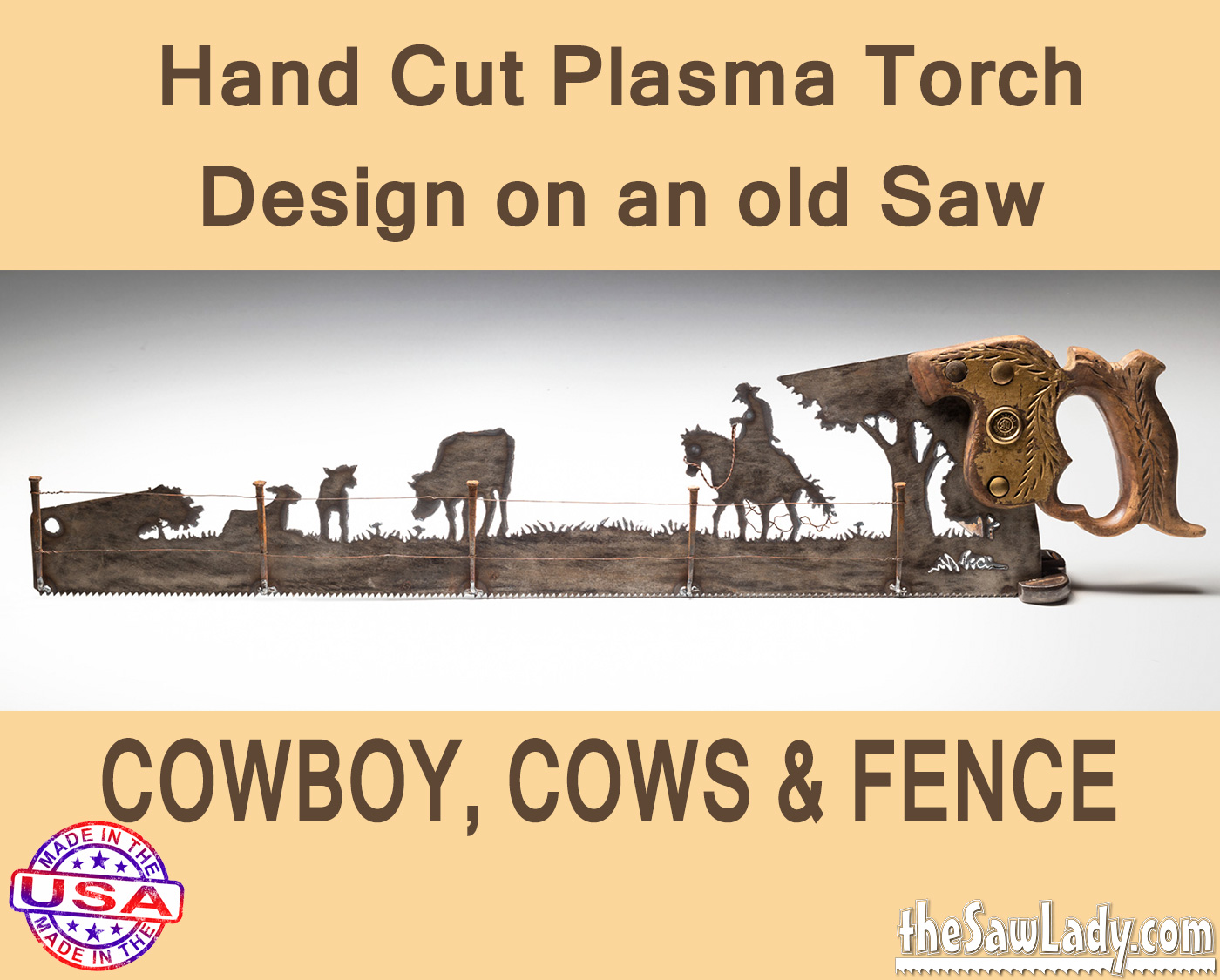 COWBOY-COWS-FENCE metal saw art