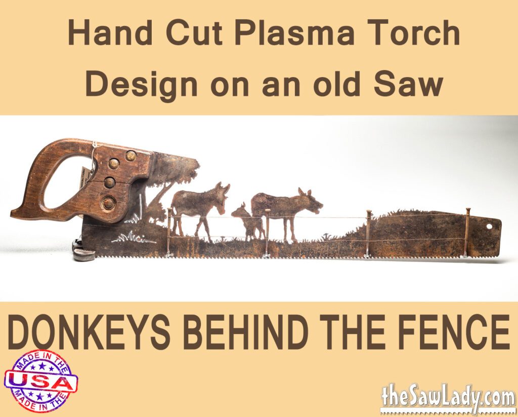 Donkeys Behind a Fence- Hand Cut Plasma Metal Art Hand Saw- Rustic Wall Decor, Recycled Art Repurposed- Made To Order