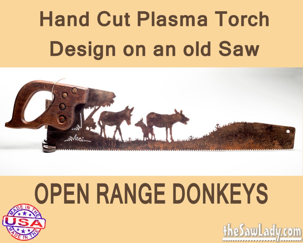 Open Range Donkeys- Hand Cut Plasma Metal Art Hand Saw- Rustic Wall Decor, Recycled Art Repurposed- Made To Order