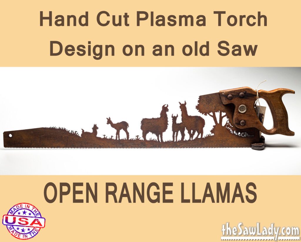 Open Range Llamas Hand Cut Plasma Metal Art Hand Saw Rustic Wall