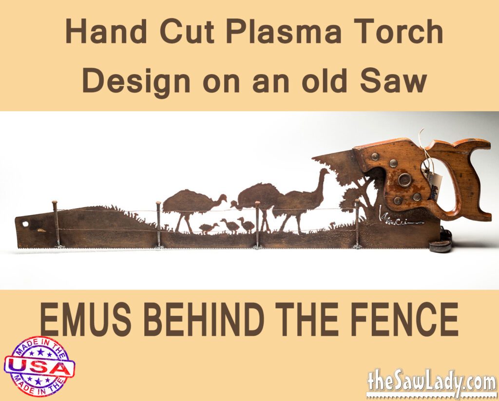 Emus Behind a Fence- Hand Cut Plasma Metal Art Hand Saw- Rustic Wall Decor, Recycled Art Repurposed- Made To Order