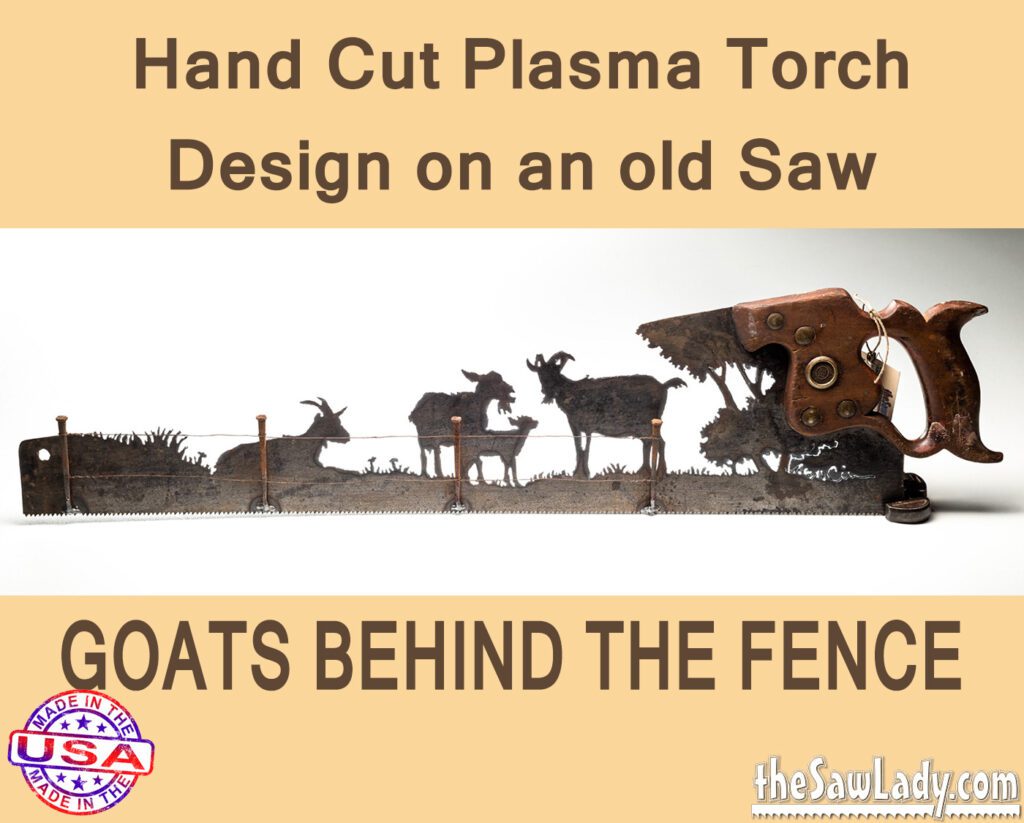 Goats Behind a Fence- Hand Cut Plasma Metal Art Hand Saw- Rustic Wall Decor, Recycled Art Repurposed- Made To Order