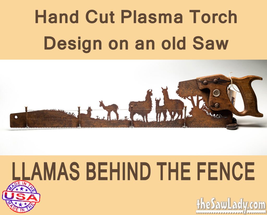 Llamas Behind a Fence- Hand Cut Plasma Metal Art Hand Saw- Rustic Wall Decor, Recycled Art Repurposed- Made To Order