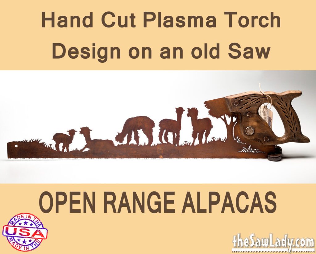 Open Range Alpacas Hand Cut Plasma Metal Art Hand Saw- Rustic Wall Decor, Recycled Art Repurposed- Made To Order