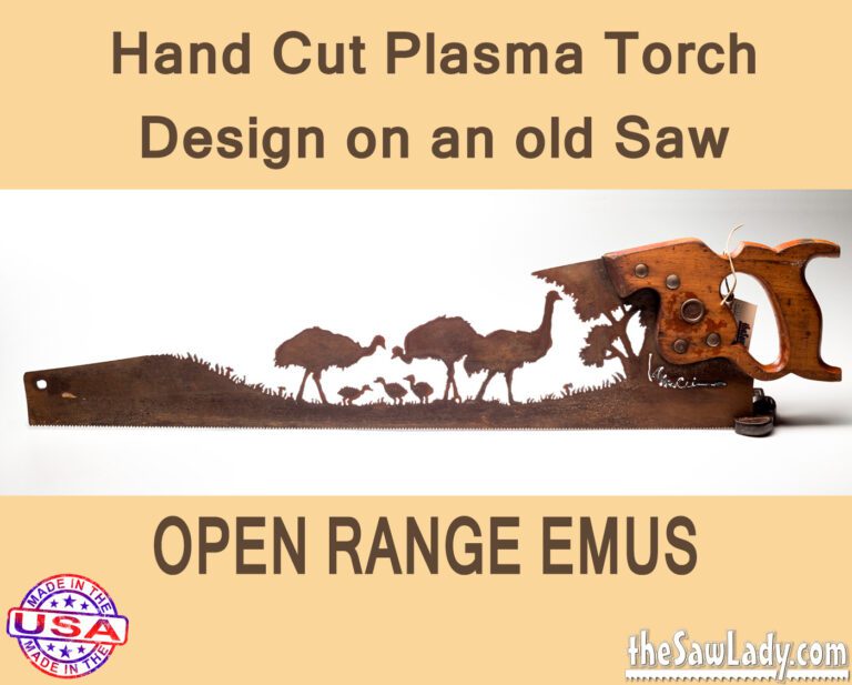 Open Range Emus - Hand Cut Plasma Metal Art Hand Saw- Rustic Wall Decor, Recycled Art Repurposed- Made To Order Open Range Emu Metal Art Saw
