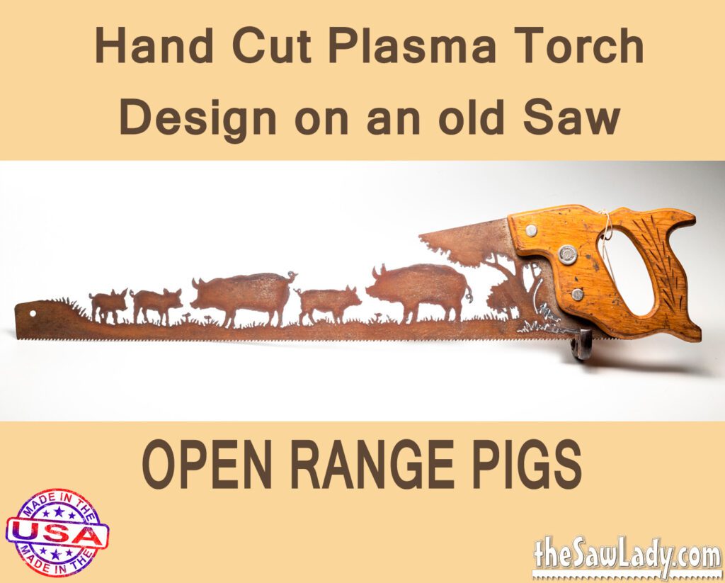 Open Range Pigs- Hand Cut Plasma Metal Art Hand Saw- Rustic Wall Decor, Recycled Art Repurposed- Made To Order