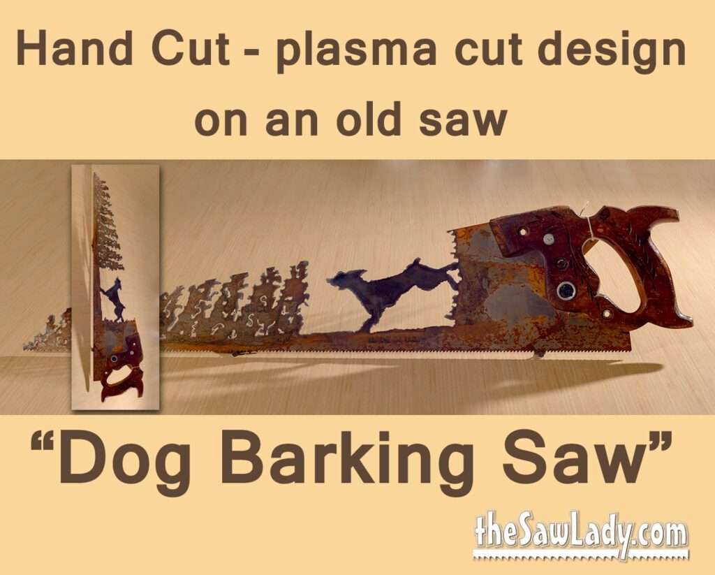 Dog barking up a Tree- Hand Cut Plasma Metal Art Hand Saw- Rustic Wall Decor, Recycled Art Repurposed- Made To Order