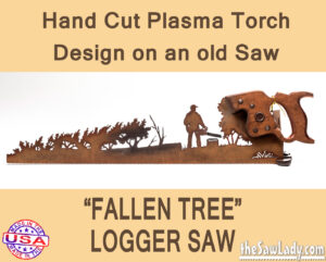 Lumberjack logger tree saw metal art