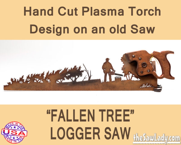 Lumberjack logger tree saw metal art