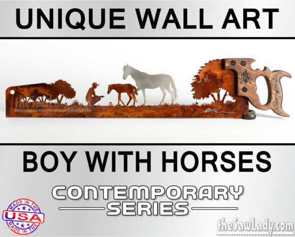 Boy WITH-HORSES metal art saw rustic decor