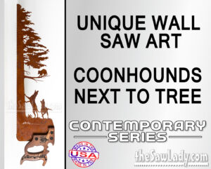 Coonhounds-by-tree rustic metal art hand saw