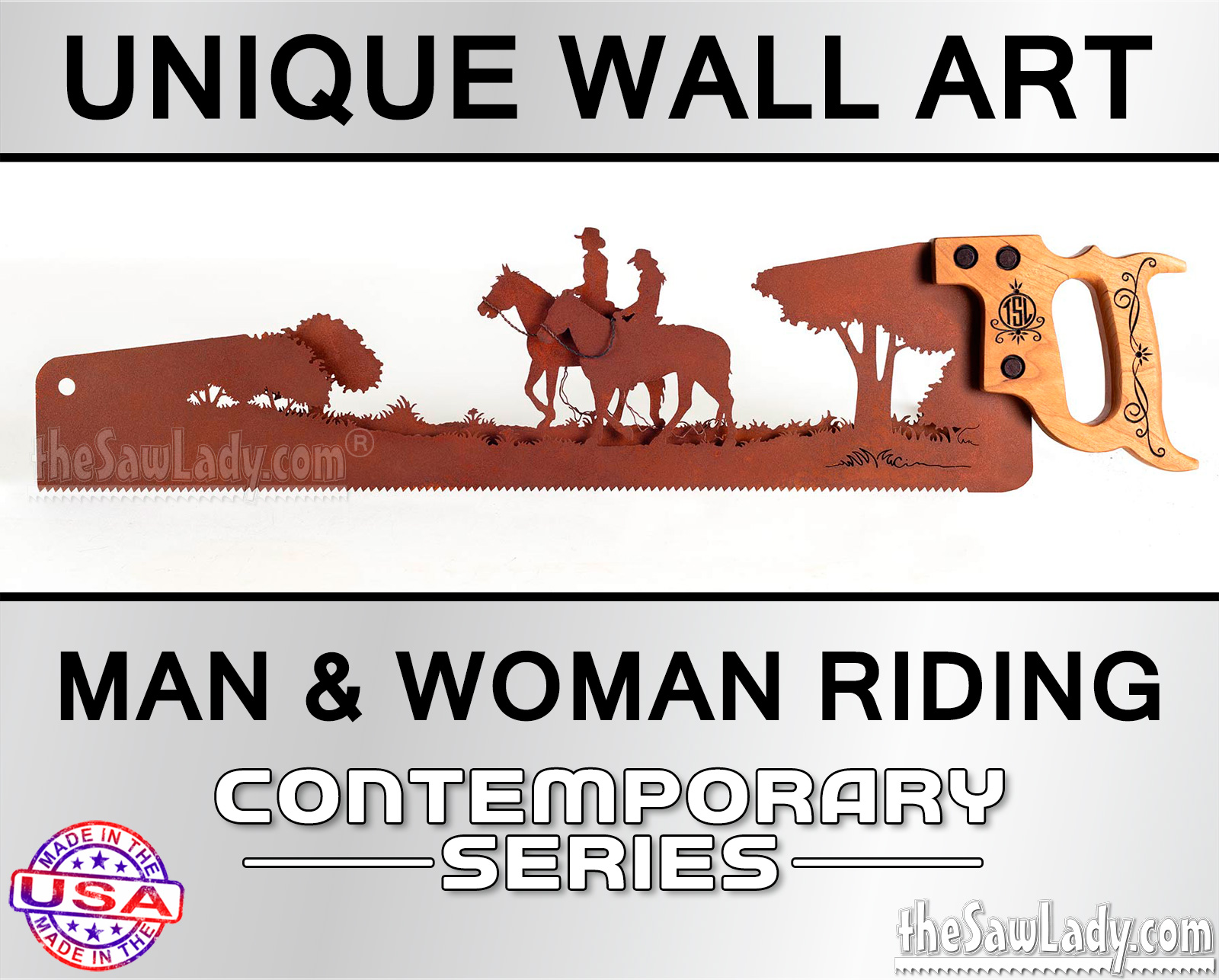Cowboy-cowgirl-riding-horses metal wall art gift