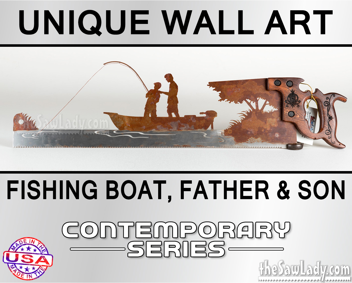 Father and Son in Fishing Boat - Metal Saw Wall Art Gift for