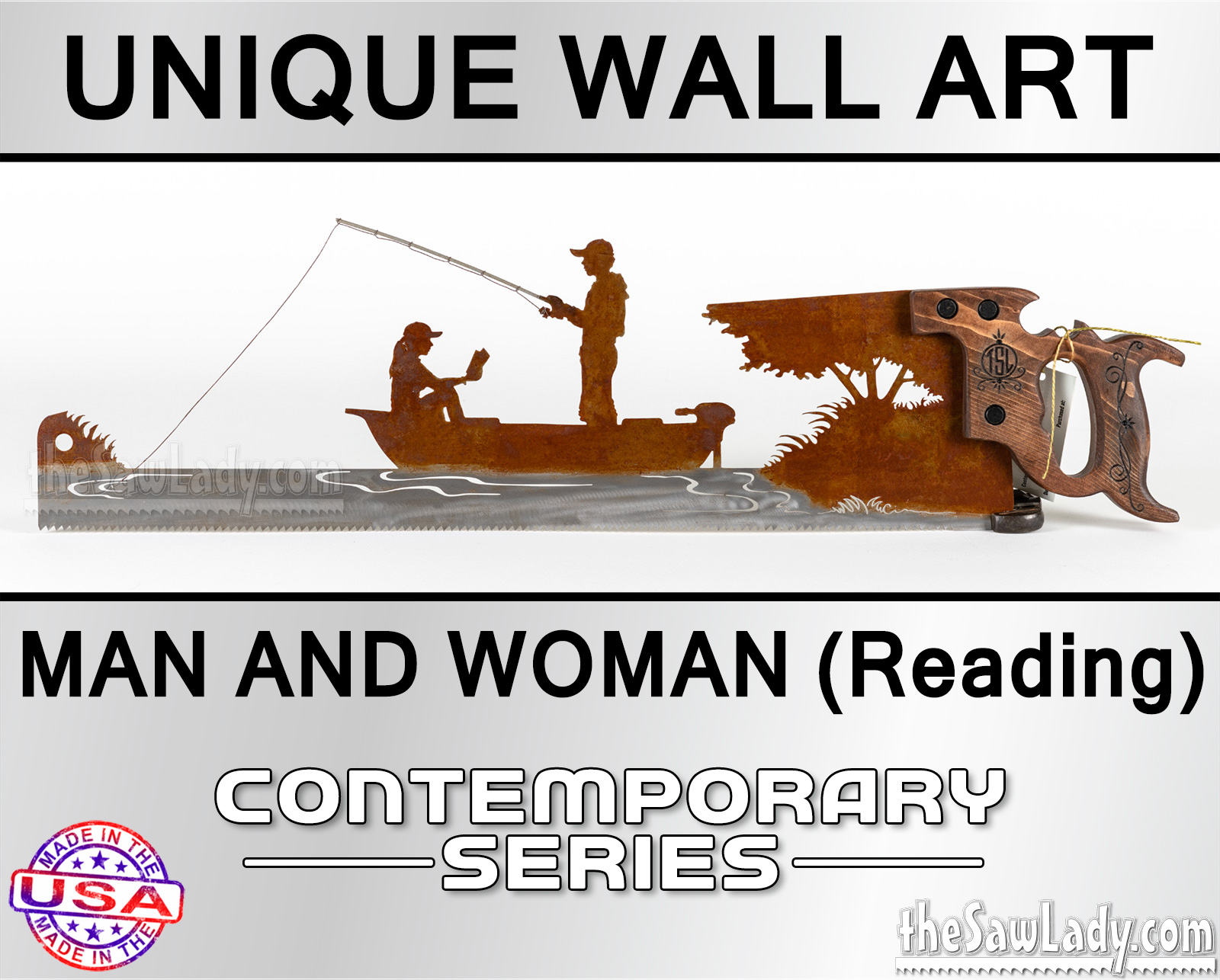 fishing metal saw wall art man woman boat