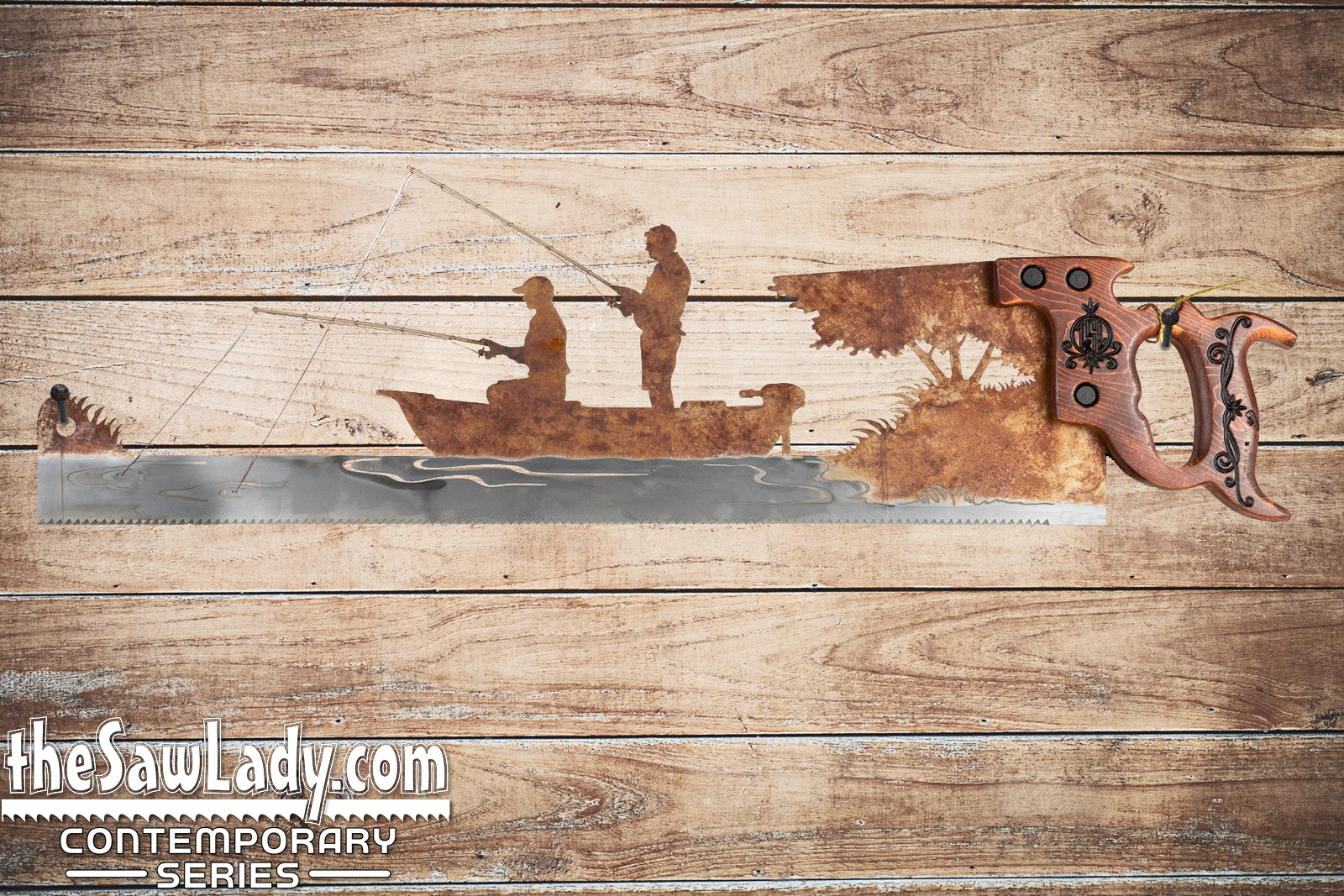 Two Men in Fishing Boat - Metal Saw Wall Art Gift for Fishermen