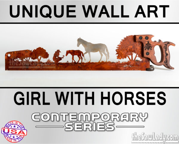 GIRL-WITH-HORSES metal art saw rustic decor