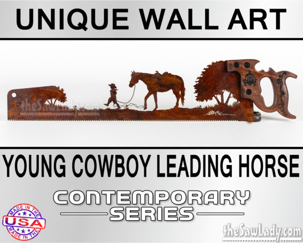 Young-Cowboy-Leading-Horse metal wall art saw