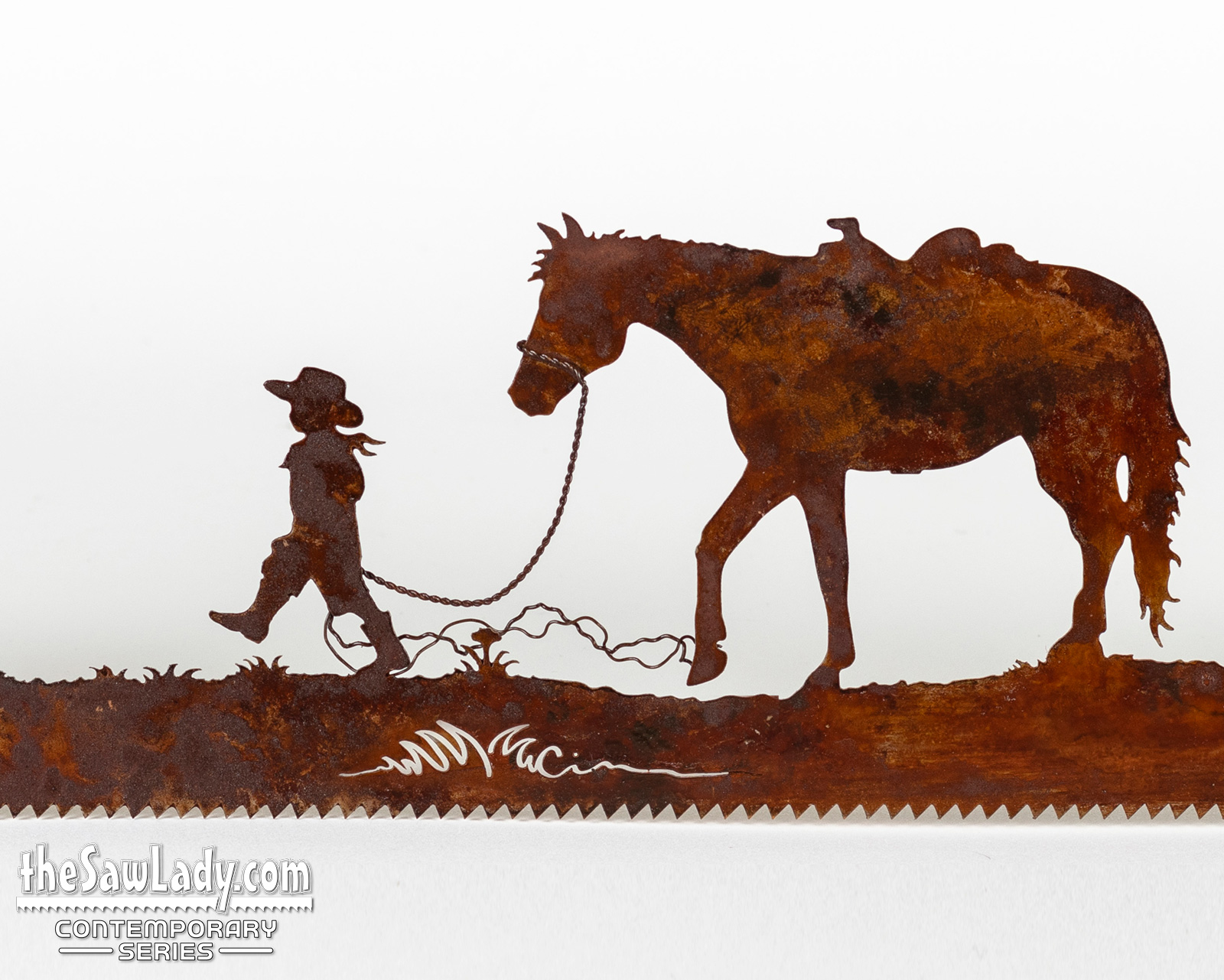 Young-Cowboy-Leading-Horse_metal saw art