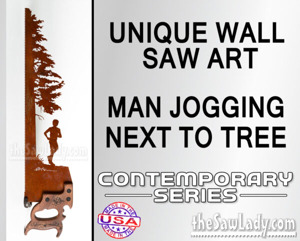 man-jogging-next-to-tree metal wall art saw