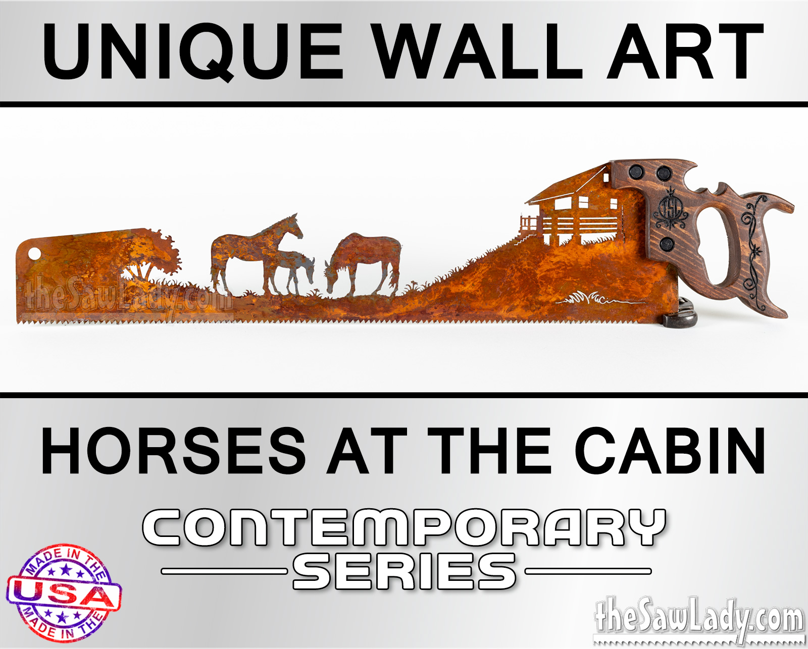 Horses-at-cabin-metal-wall-art-saw
