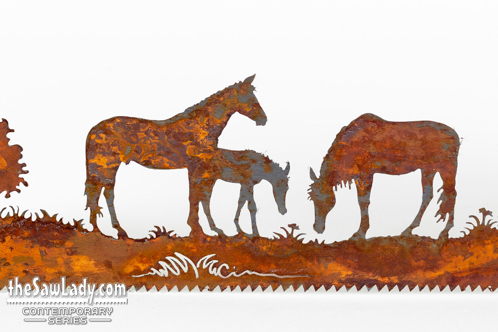 horses cabin metal wall saw art