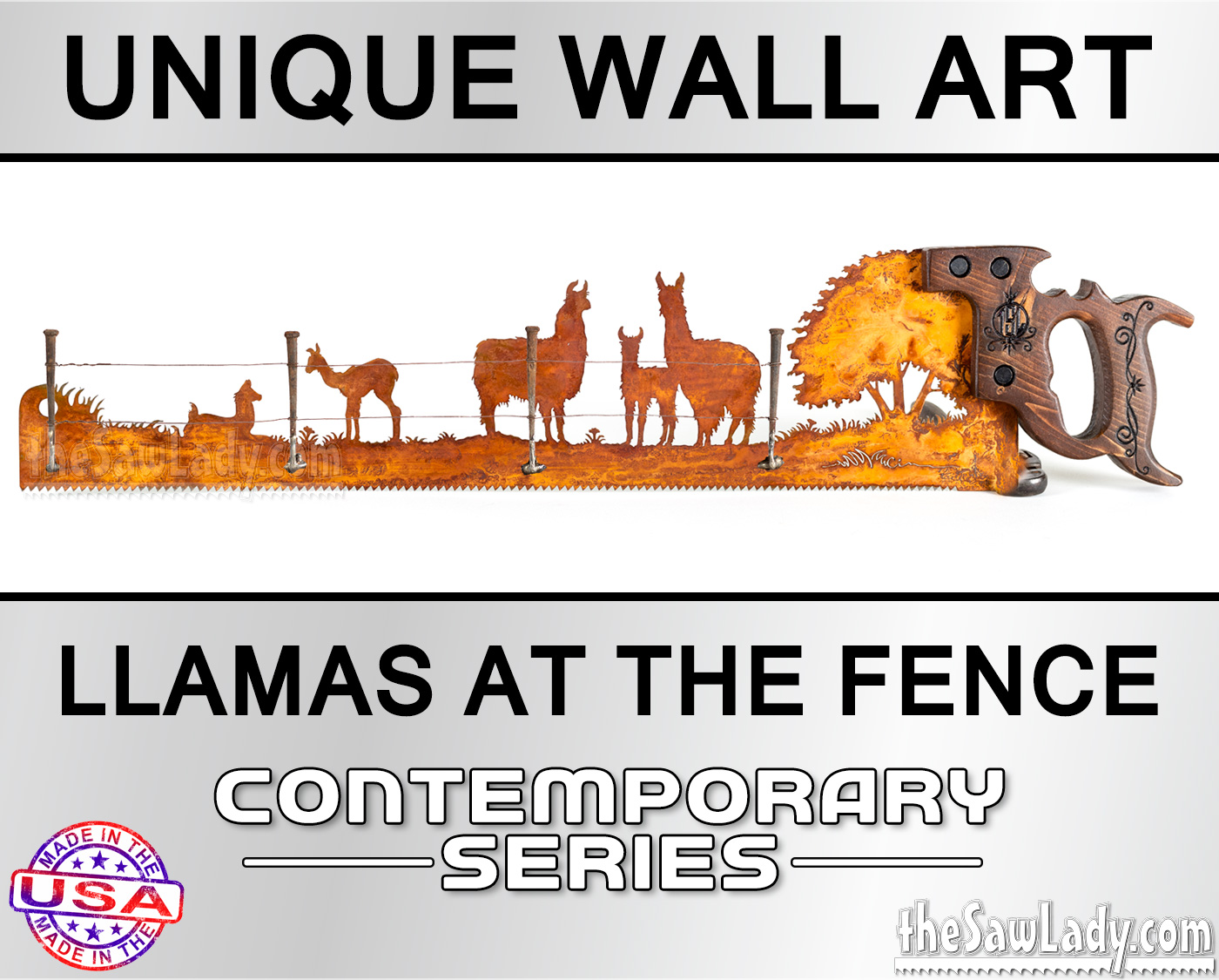 Llamas-at-the-fence-metal-wall-art-saw