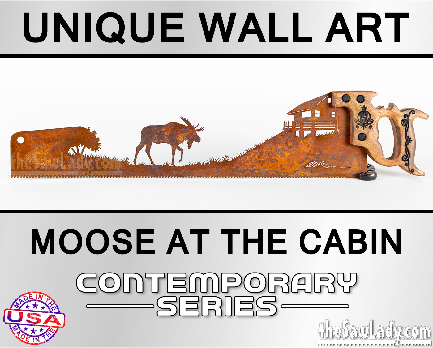 Moose-at-the-Cabin metal wall art saw