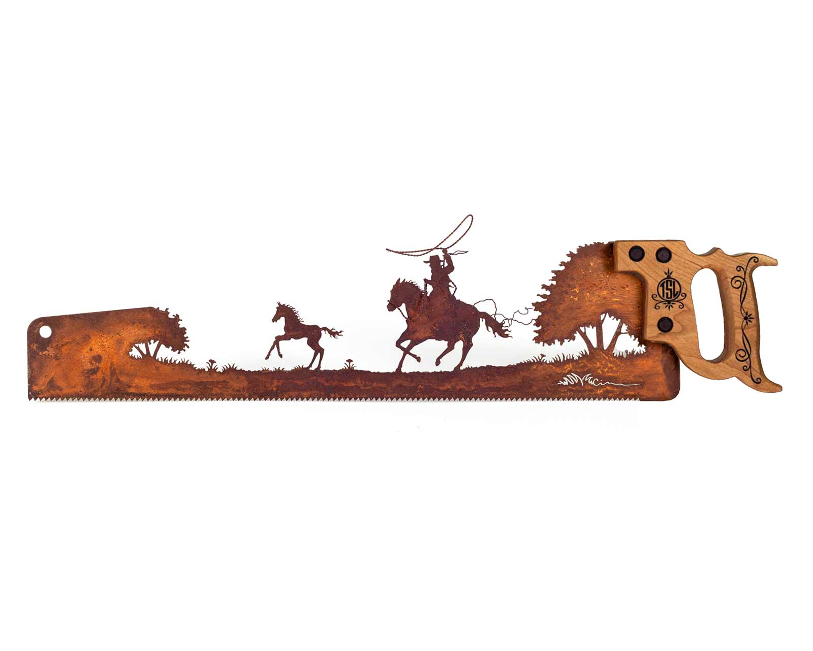 Cowboy-roping-the-Pony-western-art-metal-wall-saw-gift-rodeo-SQ