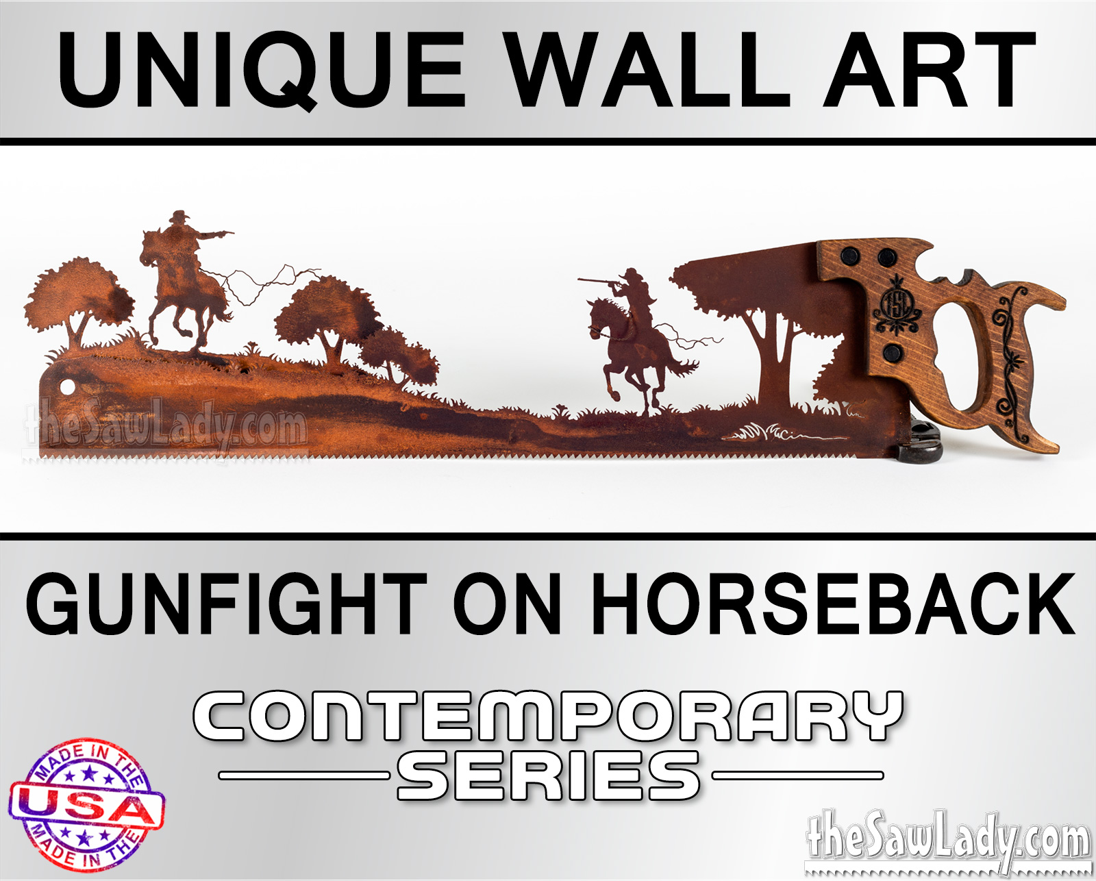 Gunfight-on-Horseback-metal-wall-art-saw