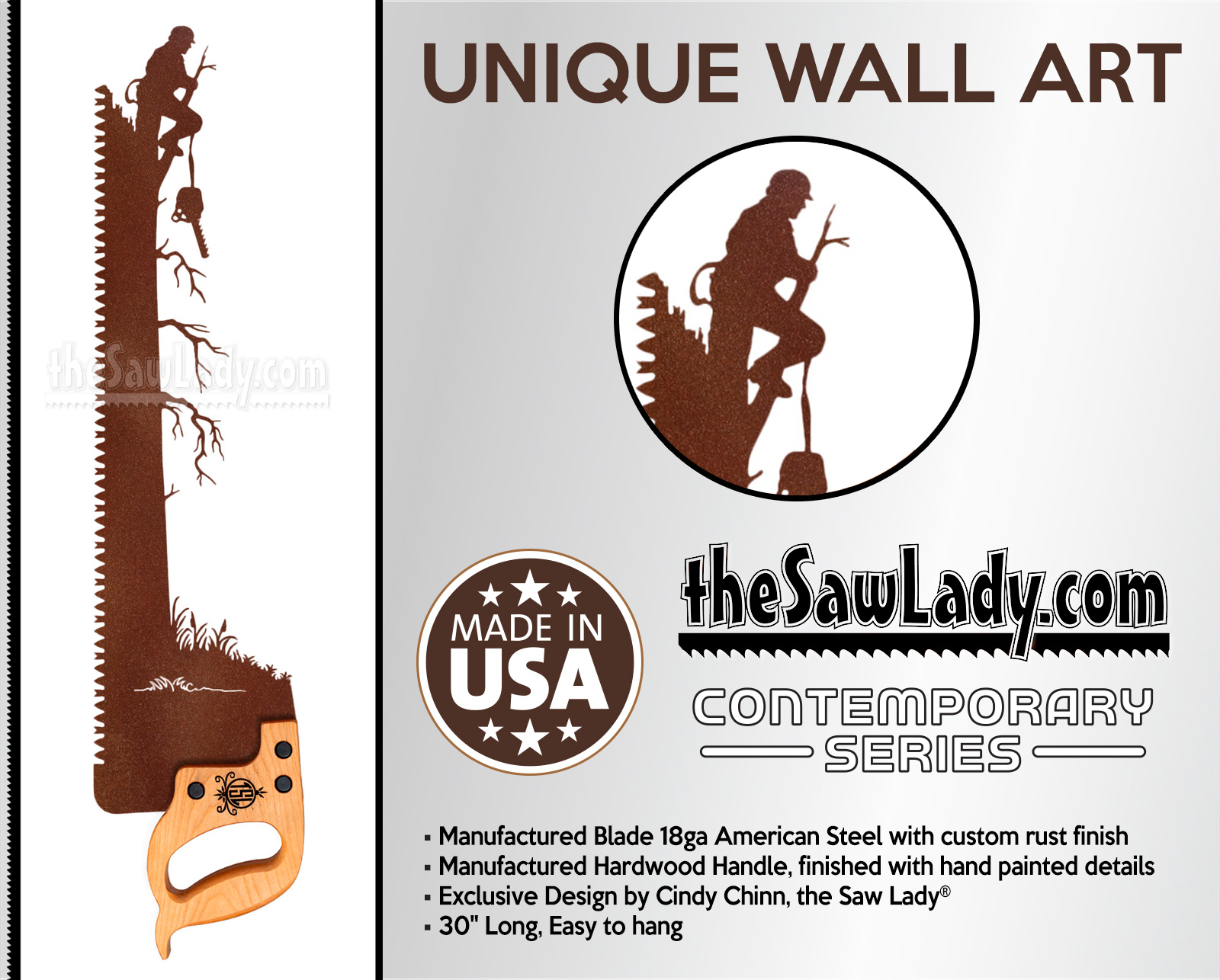 Lumberjack at top of a Tree - Metal Saw Wall Art Gift for Loggers Arborists- V2 - Image 3
