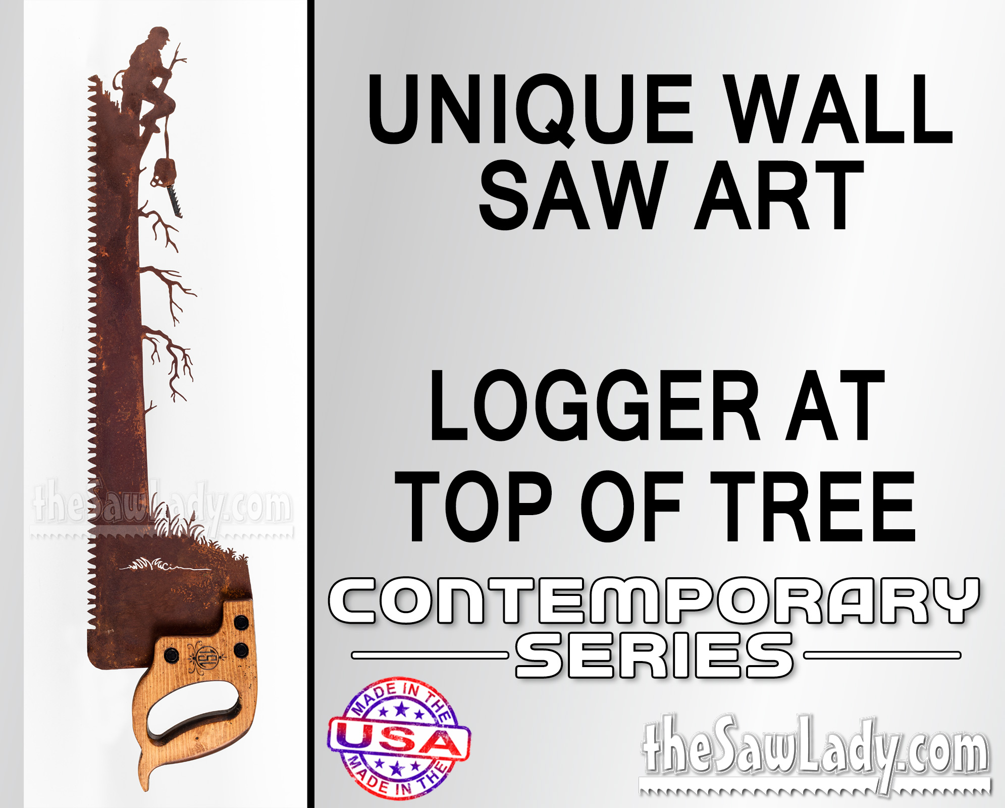 Logger-at-top-of-tree metal wall art saw