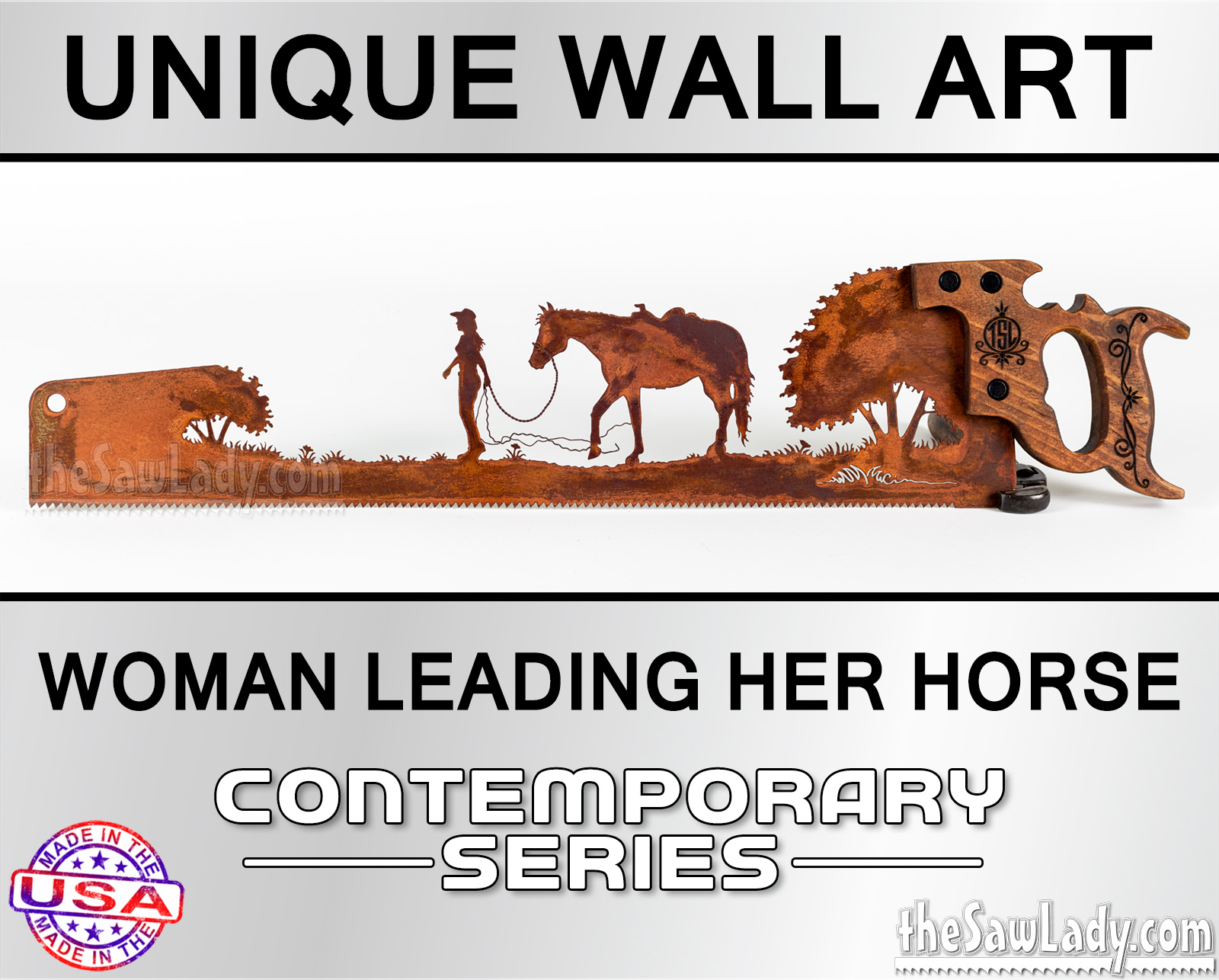 Woman-leading-her-horse-metal-wall-art-saw