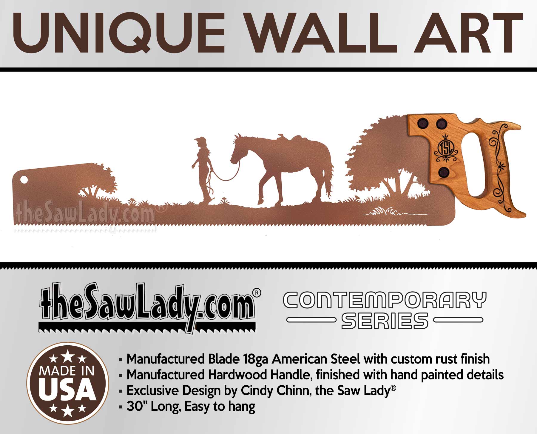Woman-walking-her-horse-western-art-gift-riding-wall-saw-art_P-ETSY