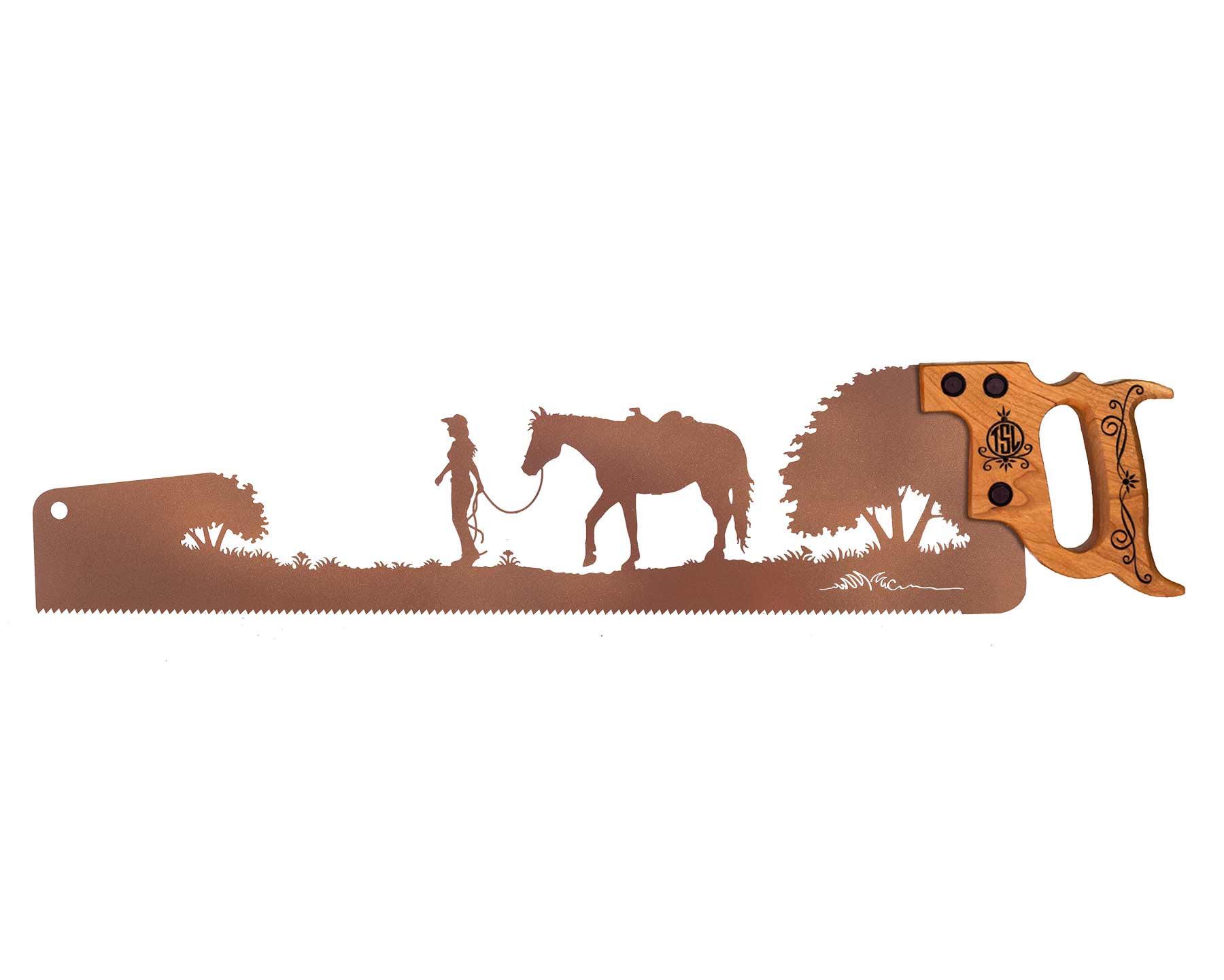 Cowgirl Leading her Horse - Metal Saw Wall Art Gift for Western Art Lovers - V2 Woman-walking-her-horse-western-art-gift-riding-wall-saw-art_P-SQ