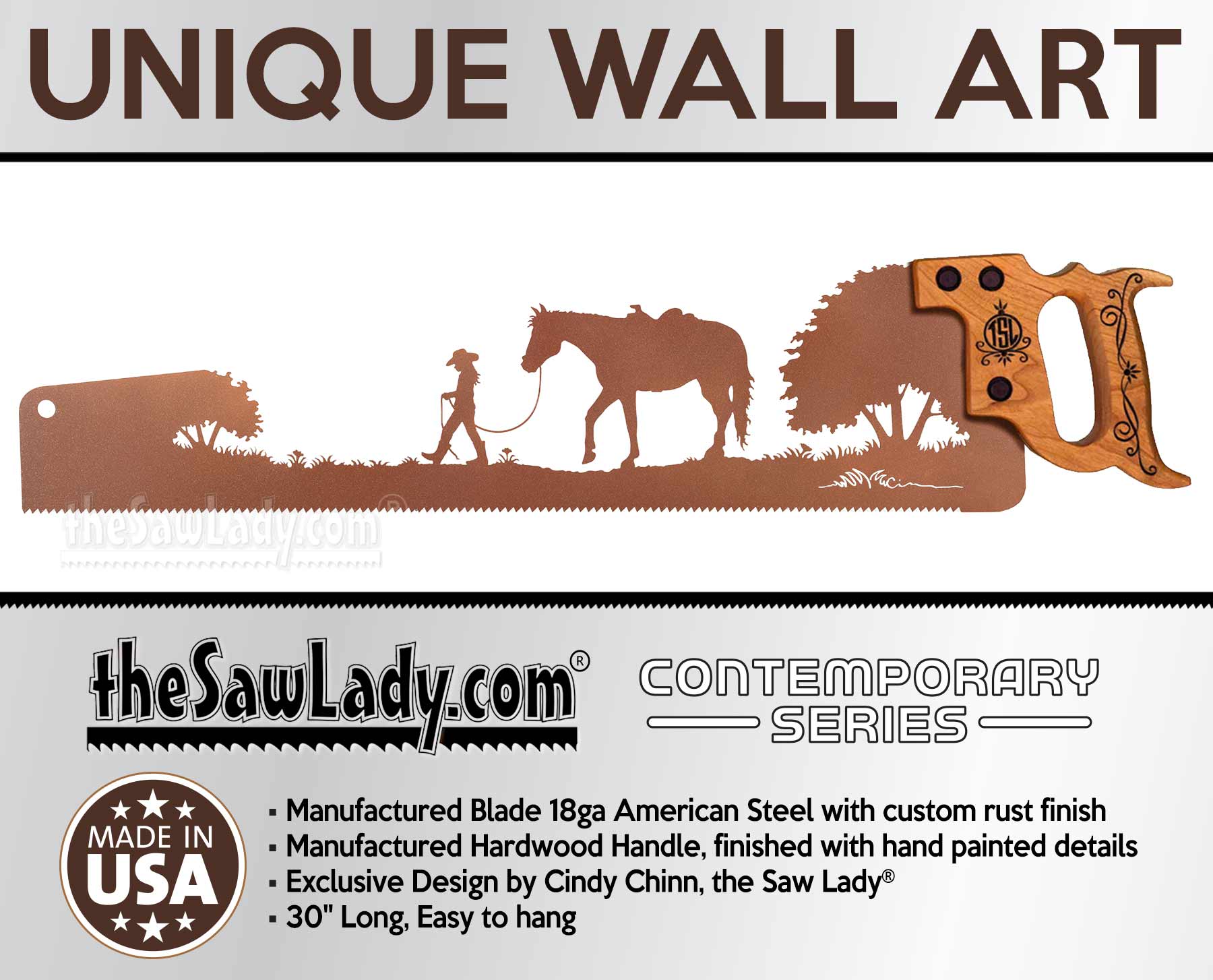 Young-Cowgirl-leading-horse_metal-wall-art-gift-western-decor-saw-V2-1800-ETSY