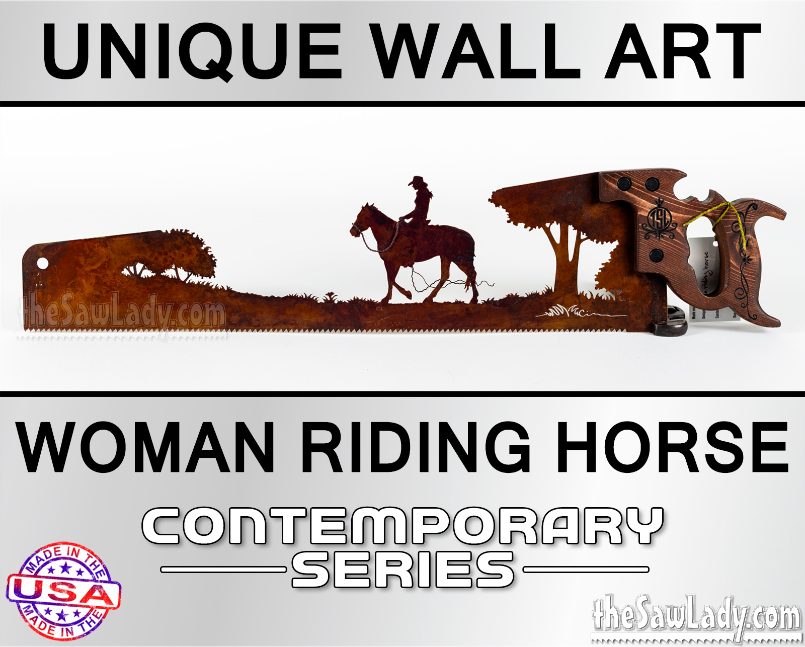 woman-riding-horse-metal-wall art saw