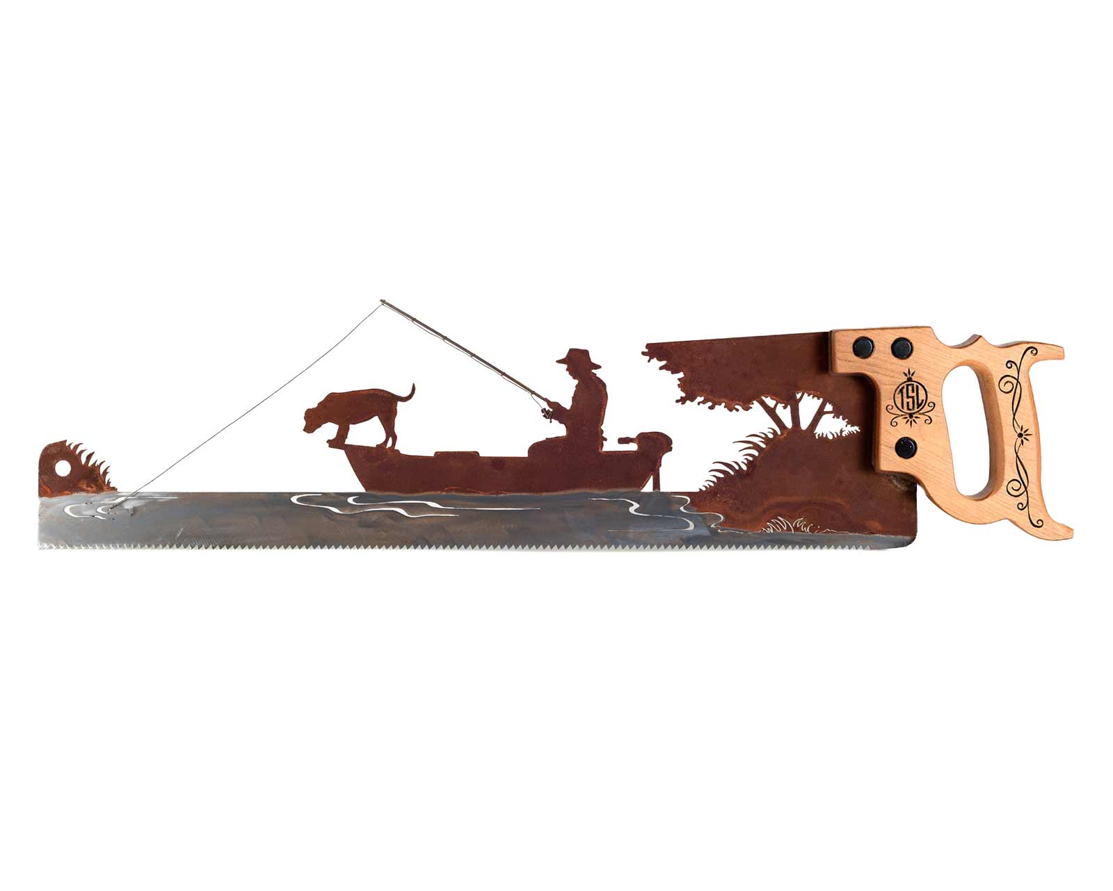 Man and Dog in Fishing Boat – Metal Saw Wall Art Gift for Fishermen
