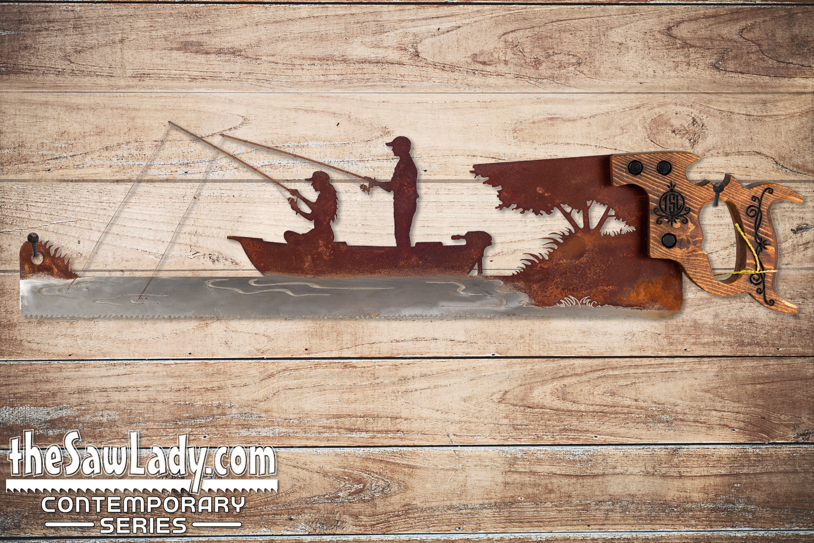 man-woman-fishing-boat-metal-wall-saw-art